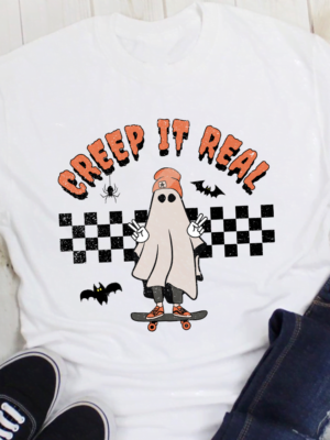 Halloween Creep It Real T-Shirt Halloween Creep It Real T-Shirt Featuring a Ghost on a Skateboard