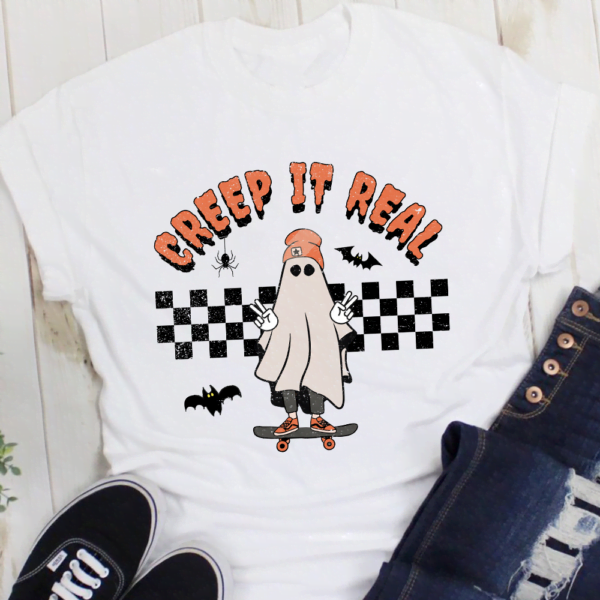 Creep It Real Vintage Ghost Skateboard Halloween TShirt