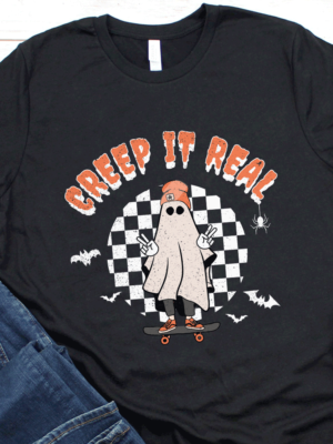 Creep It Real Skating Ghost Halloween T-Shirt Halloween T-Shirt with Skating Ghost Design - Creep It Real