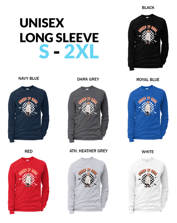 Ghost skateboard creep it real Halloween Unisex Long Sleeve Creep It Real Halloween T-Shirt - Skating Ghost Design