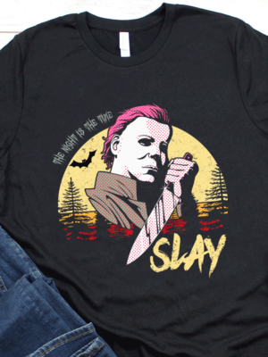 Vintage Halloween Michael Myers T-Shirt Vintage Halloween Michael Myers T-Shirt featuring a creepy and scary design with Michael Myers holding a knife