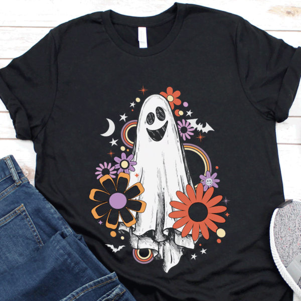 Retro Halloween Flower Ghost Sketch Shirt