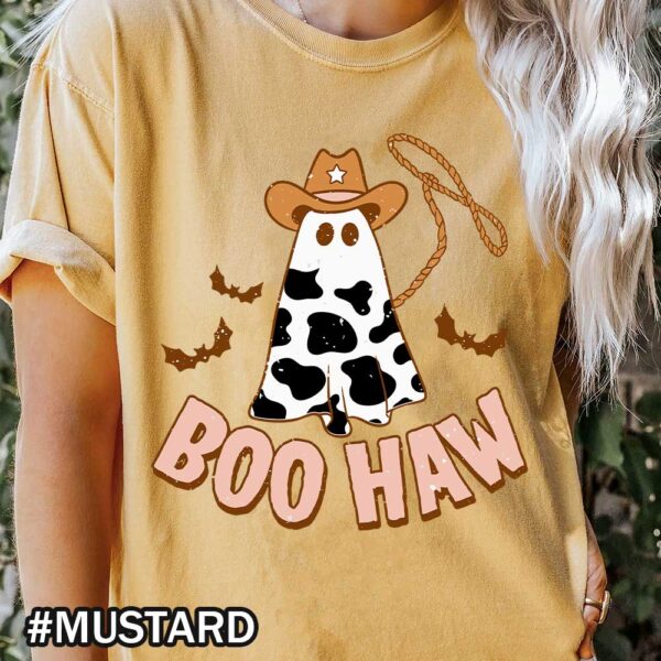 Boo Haw Western Halloween Mustard Shirt Halloween Boo Haw Comfort Colors T-Shirt - Western Cow Print