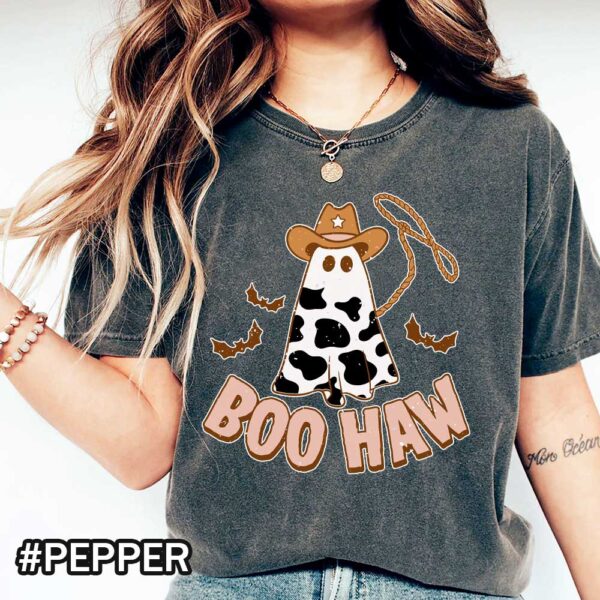 Boo Haw Western Halloween Pepper Shirt Halloween Boo Haw Comfort Colors T-Shirt - Western Cow Print