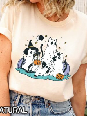 Halloween Spooky Cat Ghosts T-Shirt Halloween Spooky Cat Ghosts T-Shirt with Cats in Ghost Sheets Holding Pumpkin Buckets