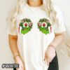 Christmas Grinch Wreath Boobs T-Shirt with Red Jingle Bell Ornaments Held by Grinch Hands