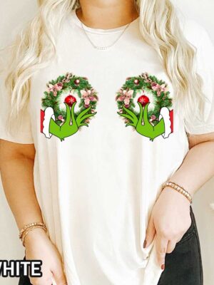 Christmas Grinch Wreath Boobs T-Shirt Christmas Grinch Wreath Boobs T-Shirt with Red Jingle Bell Ornaments Held by Grinch Hands