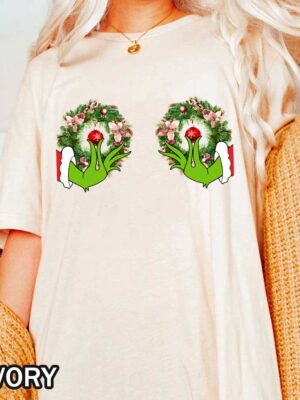 Christmas Grinch Wreath Boobs T-Shirt Christmas Grinch Wreath Boobs T-Shirt with Grinch Hands and Red Jingle Bell Ornaments
