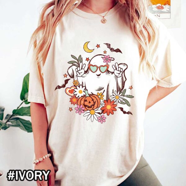 Comfort Colors Vintage Floral Ghost Halloween Family Party Retro Floral Ghost Fall Spooky Season flowers Pumpkins Ivory Shirt Halloween Vintage Floral Ghost Shirt