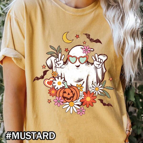 Comfort Colors Vintage Floral Ghost Halloween Family Party Retro Floral Ghost Fall Spooky Season flowers Pumpkins Mustard Shirt Halloween Vintage Floral Ghost Shirt