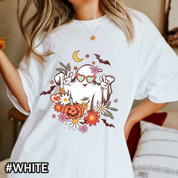 Comfort Colors Vintage Floral Ghost Halloween Family Party Retro Floral Ghost Fall Spooky Season flowers Pumpkins White Shirt Halloween Vintage Floral Ghost Shirt
