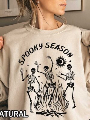 Vintage Spooky Season Sweatshirt with Dancing Skeletons Around Fire