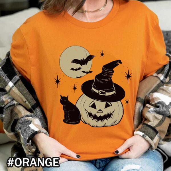 Halloween Spooky Witch Jack-O-Lantern T-Shirt – Cute Black Cat, Moon & Bats Design