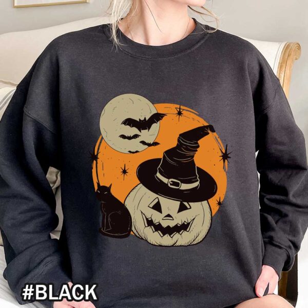 Halloween Spooky Witch Jack-O-Lantern T-Shirt – Cute Black Cat, Moon & Bats Design