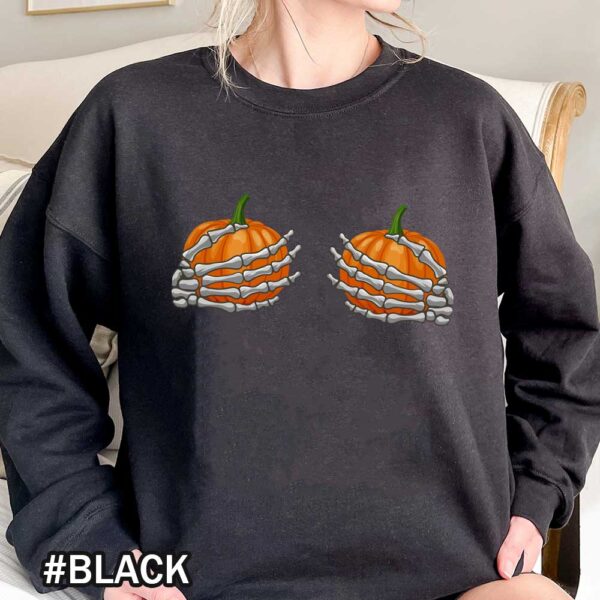 Skeleton Hands Holding Pumpkin Boobies Funny Skeleton Pumpkin Thanksgiving Fall Boobies Sweatshirts Skeleton Hands Holding Pumpkin Boobs T-Shirt - Funny Halloween Shirt