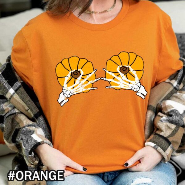Skeleton Hands Holding Pumpkin Boobies tShirt Funny Halloween Pumpkin Thanksgiving Boobies Orange Shirt Halloween Pumpkin Boobs T-Shirt