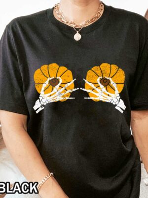 Halloween Pumpkin Boobs T-Shirt Funny Halloween Pumpkin Boobs T-Shirt with Skeleton Hands