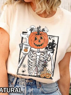 Skeleton Pumpkin Head Drinking Coffee T-Shirt for Halloween Skeleton with Pumpkin Head Drinking Coffee Halloween T-Shirt Image
