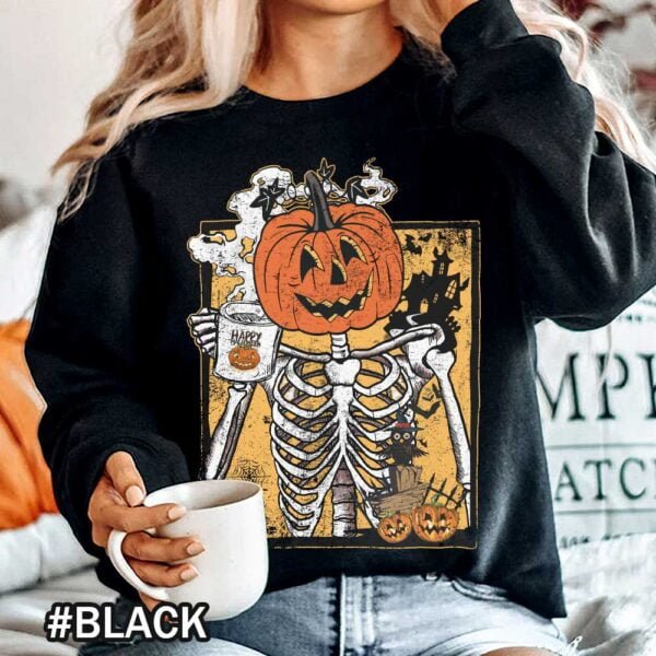Skeleton Pumpkin Head Pumpkin Head Skeleton Halloween Coffee Spooky Womens Fall Sweatshirts