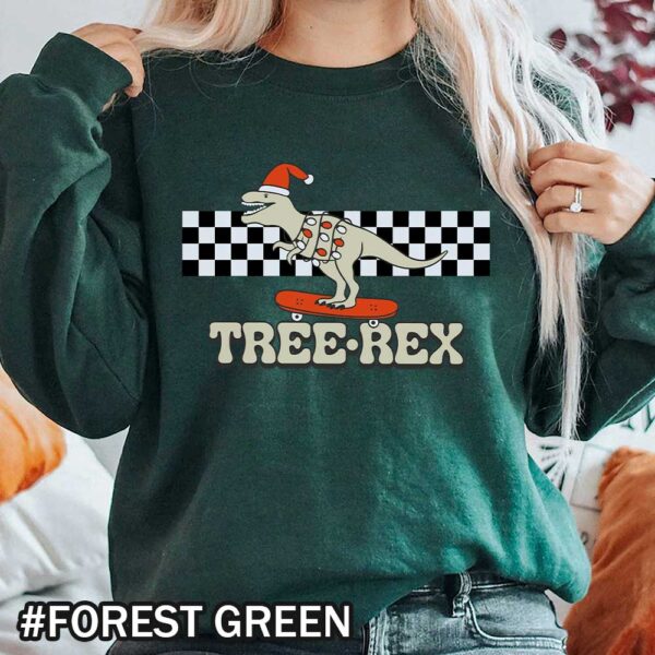Forest green Skateboarding T-rex Christmas Sweatshirt That Says Tree Rex Christmas Tree Rex Skateboarding T-Rex Shirt