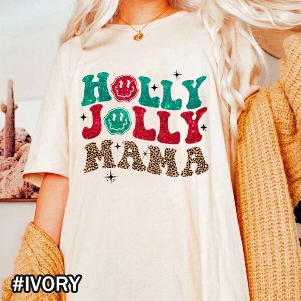 Comfort Colors Vintage Christmas Shirt That Says 'Holly Jolly Mama'