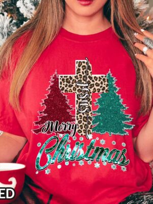 Jesus Christ Merry Christmas T-Shirt with Cheetah Cross and Trees Jesus Christ Merry Christmas T-Shirt with Cheetah Cross and Trees