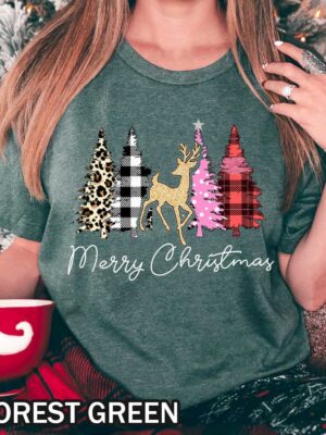Merry Christmas T-Shirt Featuring Deer Between Buffalo Plaid and Leopard Cheetah Trees Merry Christmas T-Shirt Featuring Deer Between Buffalo Plaid and Leopard Cheetah Trees
