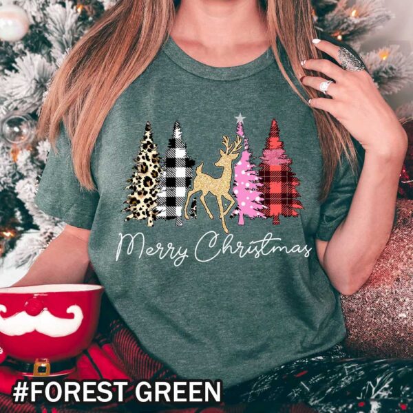 Merry Christmas T-Shirt Featuring Deer Between Buffalo Plaid and Leopard Cheetah Trees