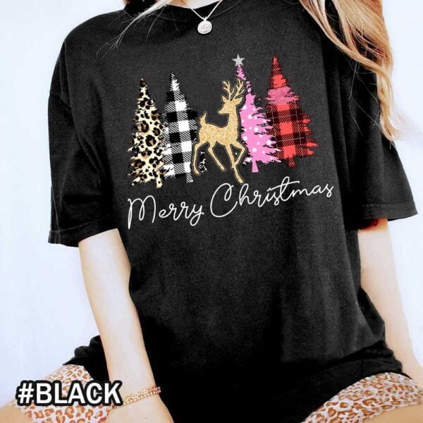 Leopard Print Christmas Trees Shirt Womens Merry Christmas Comfort Colors Cute Christmas for Women Black Shirt