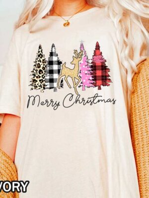 Merry Christmas Comfort Colors T-Shirt with Deer and Buffalo Plaid Leopard Print Trees Merry Christmas Comfort Colors T-Shirt with Deer and Buffalo Plaid Leopard Print Trees