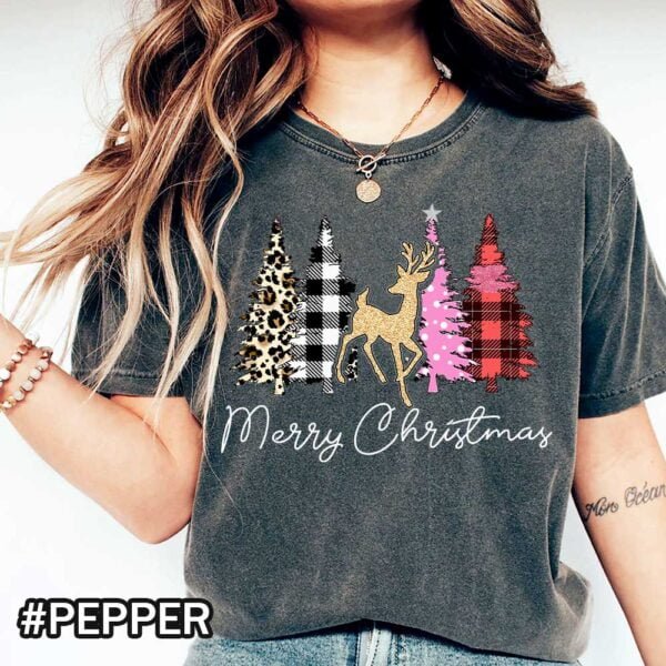 Leopard Print Christmas Trees Shirt Womens Merry Christmas Comfort Colors Cute Christmas for Women Pepper Shirt