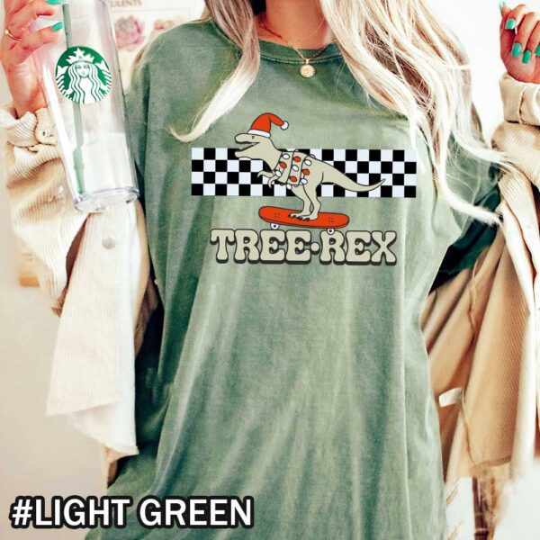 Light Green Dinosaur Santa Comfort Colors Shirt That Says Tree rex Christmas Tree-rex Comfort Colors T-Shirt - Unisex Dinosaur Santa Design