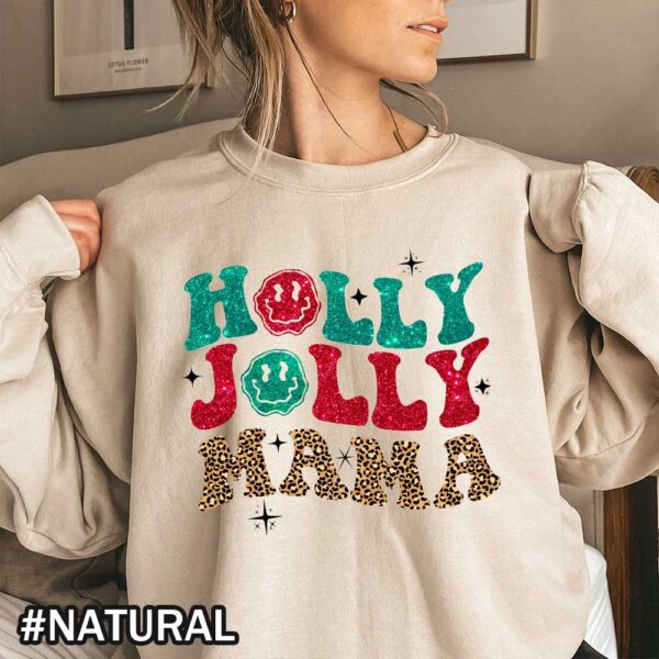 Natural Vintage Christmas Sweatshirt That Says Holly Jolly Mama Holly Jolly Mama Christmas T-Shirt - Vintage Cheetah Print