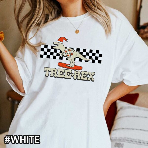 White Dinosaur Santa Comfort Colors Shirt That Says Tree rex Christmas Tree-rex Comfort Colors T-Shirt - Unisex Dinosaur Santa Design