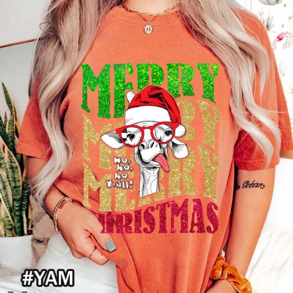 Yam Christmas Giraffe Comfort Colors Shirt That Says Merry Christmas Christmas Ho Ho Ho Y'all Giraffe Comfort Colors T-Shirt