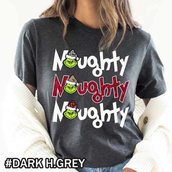 Dark grey Grinch Shirt That Says Naughty Naughty Grinch Christmas Shirt with Buffalo Plaid & Leopard Pattern