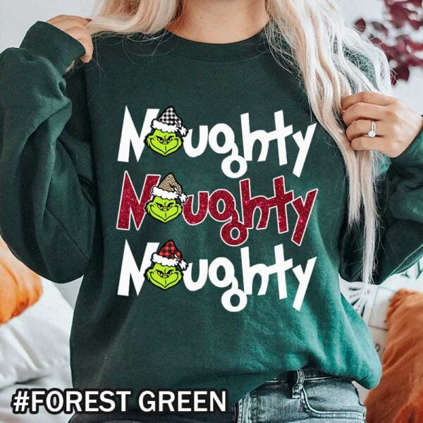Forest green Grinch Sweatshirt That Says Naughty Naughty Grinch Christmas Shirt with Buffalo Plaid & Leopard Pattern