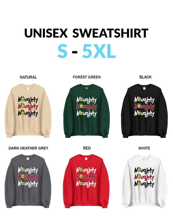 Grinch Unisex Sweatshirt That Says Naughty Naughty Grinch Christmas Shirt with Buffalo Plaid & Leopard Pattern