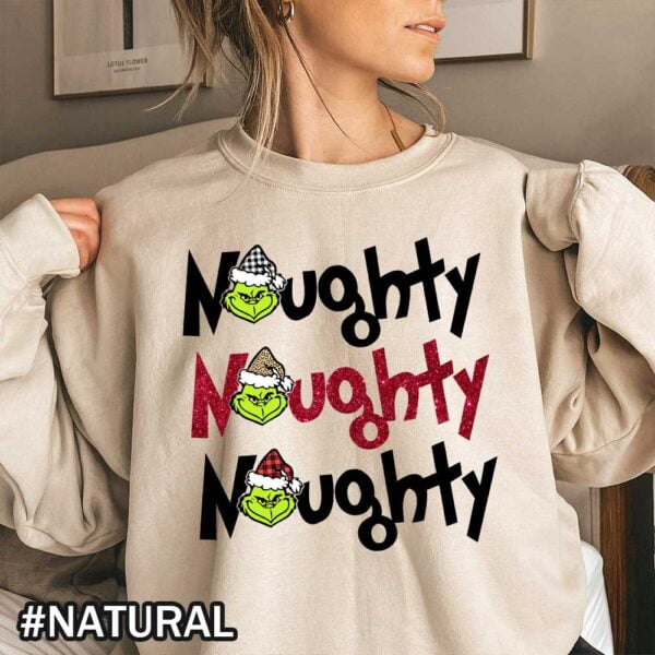Natural Grinch Sweatshirt That Says Naughty Naughty Grinch Christmas Shirt with Buffalo Plaid & Leopard Pattern