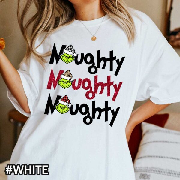 White Comfort Colors Grinch Shirt That Says Naughty Naughty Grinch Comfort Colors T-Shirt - Christmas Fun