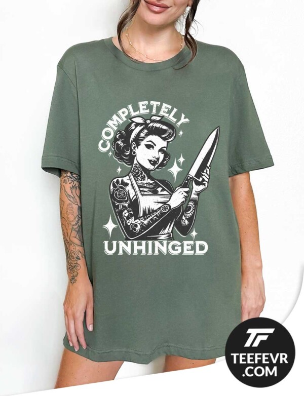 Woman in vintage 50's design holding a knife with "Completely Unhinged" text